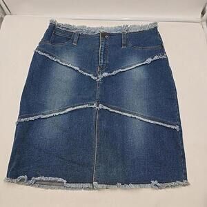 Ultra Pink Y2K Dark Wash Blue Denim 90's Frayed Hem Fitted Silhouette Skirt sz 9